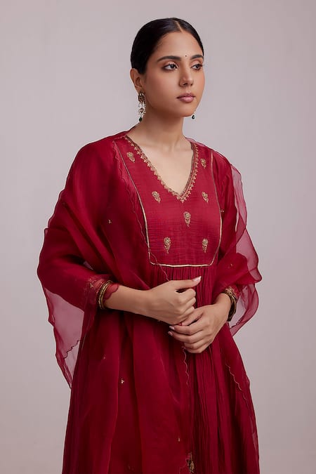 Buy_Label Shreya Sharma_Red Chanderi, Cotton, Organza Sequins Embroidered Gathered Kurta Sharara Set _Online_at_Aza_Fashions