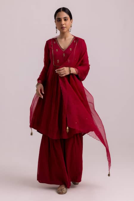 Shop_Label Shreya Sharma_Red Chanderi, Cotton, Organza Sequins Embroidered Gathered Kurta Sharara Set _Online_at_Aza_Fashions