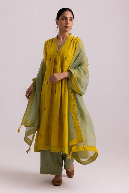 Shop_Label Shreya Sharma_Yellow Chanderi, Kota Doria Sequins, Embroidery Collared Butti Kurta Pant Set _Online_at_Aza_Fashions