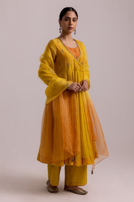 Label Shreya Sharma Yellow Anarkali And Pant Chanderi Embroidered Sequin Round Angarkha Set 