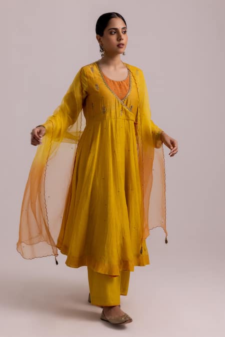 Label Shreya Sharma_Yellow Chanderi, Organza, Cotton Embroidery, Sequins Angarkha Anarkali Pant Set _Online_at_Aza_Fashions