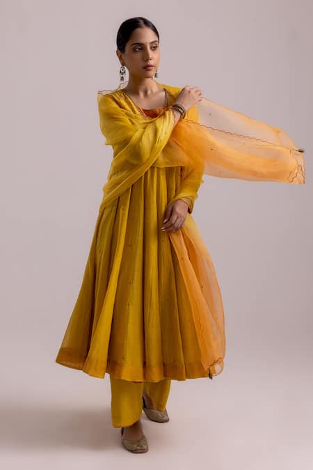 Buy_Label Shreya Sharma_Yellow Chanderi, Organza, Cotton Embroidery, Sequins Angarkha Anarkali Pant Set _Online_at_Aza_Fashions
