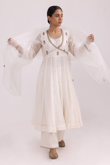 Label Shreya Sharma_White Chanderi, Organza, Cotton Sequins, Butti Angarkha Anarkali Pant Set _Online_at_Aza_Fashions