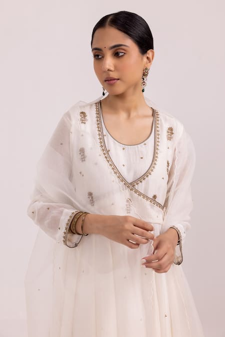 Label Shreya Sharma_White Chanderi, Organza, Cotton Sequins, Butti Angarkha Anarkali Pant Set _at_Aza_Fashions