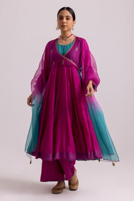 Label Shreya Sharma_Magenta Chanderi, Organza, Cotton Cross Panel Angarkha Anarkali Pant Set _Online_at_Aza_Fashions
