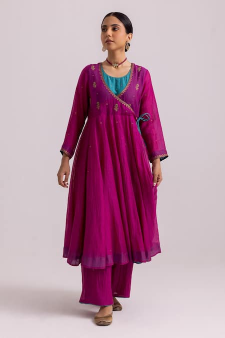 Buy_Label Shreya Sharma_Magenta Chanderi, Organza, Cotton Cross Panel Angarkha Anarkali Pant Set _Online_at_Aza_Fashions