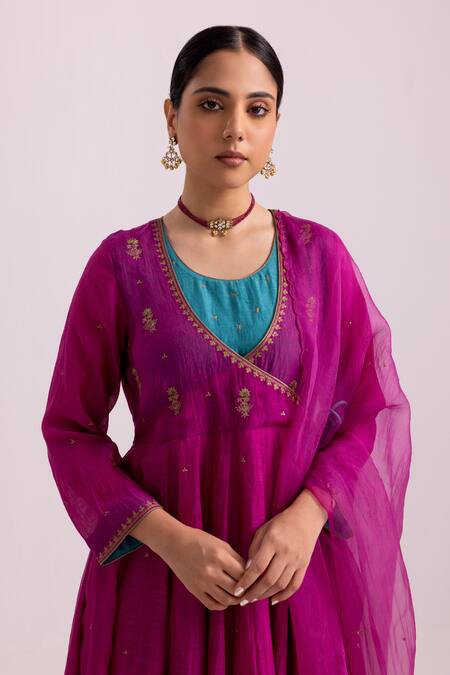 Shop_Label Shreya Sharma_Magenta Chanderi, Organza, Cotton Cross Panel Angarkha Anarkali Pant Set _Online_at_Aza_Fashions