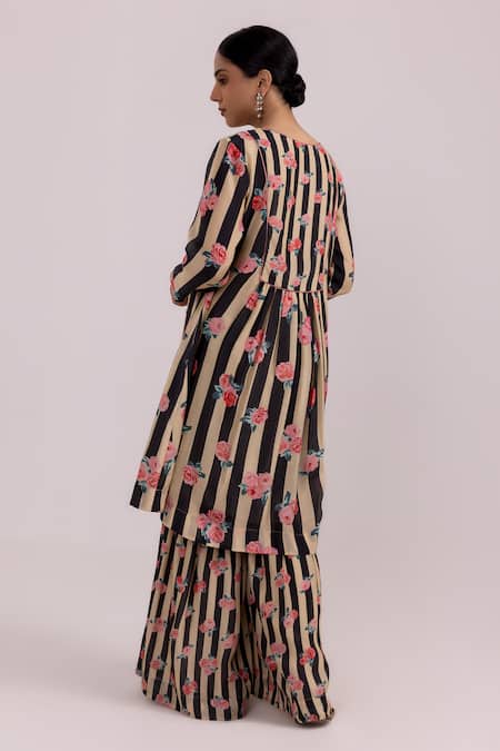 Shop_Label Shreya Sharma_Black Cotton, Silk Embroidery V-neck Rose Stripe Pattern Kurta With Sharara _at_Aza_Fashions