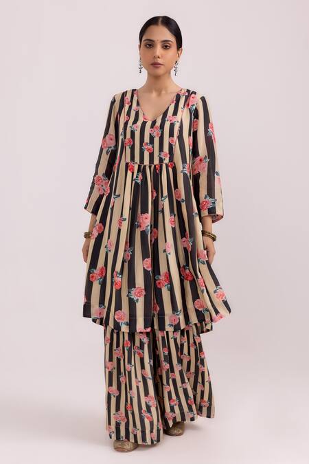 Shop_Label Shreya Sharma_Black Cotton, Silk Embroidery V-neck Rose Stripe Pattern Kurta With Sharara _Online_at_Aza_Fashions