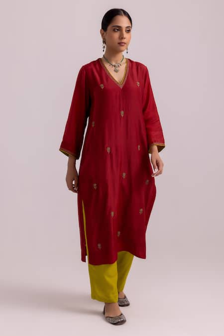 Shop_Label Shreya Sharma_Red Cotton, Silk, Organza Sequins V-neck Flower Embroidered Kurta Pant Set _Online_at_Aza_Fashions