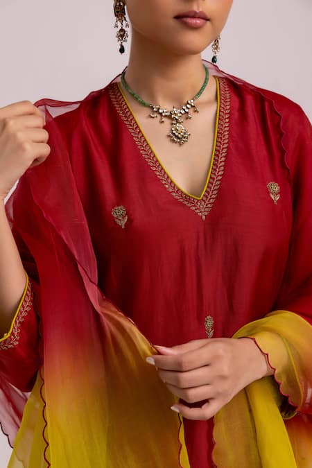 Label Shreya Sharma_Red Cotton, Silk, Organza Sequins V-neck Flower Embroidered Kurta Pant Set _at_Aza_Fashions