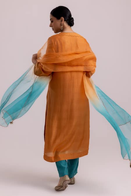 Shop Label Shreya Sharma Orange Cotton, Silk, Organza Sequins, Piping Blossom Embroidered Kurta Pant Set at Aza Fashions Shop_Label Shreya Sharma_Orange Cotton, Silk, Organza Sequins, Piping Blossom Embroidered Kurta Pant Set _at_Aza_Fashions