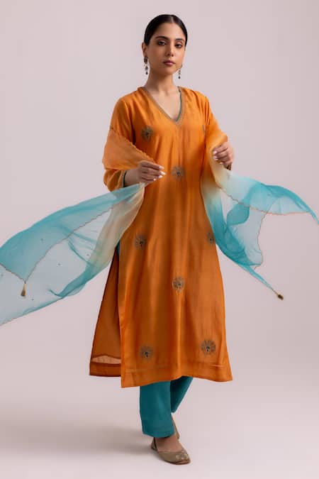 Label Shreya Sharma Orange Cotton, Silk, Organza Sequins, Piping Blossom Embroidered Kurta Pant Set Online at Aza Fashions Label Shreya Sharma_Orange Cotton, Silk, Organza Sequins, Piping Blossom Embroidered Kurta Pant Set _Online_at_Aza_Fashions