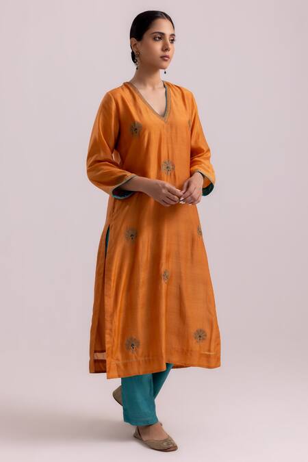 Buy Label Shreya Sharma Orange Cotton, Silk, Organza Sequins, Piping Blossom Embroidered Kurta Pant Set Online at Aza Fashions Buy_Label Shreya Sharma_Orange Cotton, Silk, Organza Sequins, Piping Blossom Embroidered Kurta Pant Set _Online_at_Aza_Fashions