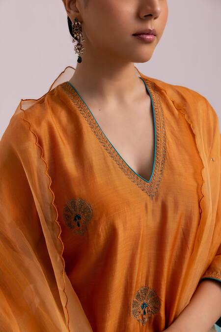 Shop Label Shreya Sharma Orange Cotton, Silk, Organza Sequins, Piping Blossom Embroidered Kurta Pant Set Online at Aza Fashions Shop_Label Shreya Sharma_Orange Cotton, Silk, Organza Sequins, Piping Blossom Embroidered Kurta Pant Set _Online_at_Aza_Fashions