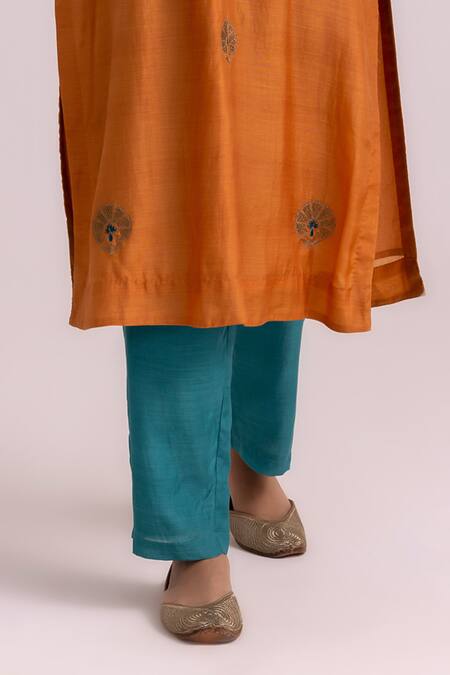 Label Shreya Sharma Orange Cotton, Silk, Organza Sequins, Piping Blossom Embroidered Kurta Pant Set at Aza Fashions Label Shreya Sharma_Orange Cotton, Silk, Organza Sequins, Piping Blossom Embroidered Kurta Pant Set _at_Aza_Fashions