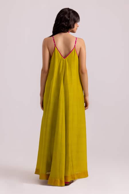 Shop Label Shreya Sharma Green Cotton, Silk V-neck Plain Strappy Dress at Aza Fashions Shop_Label Shreya Sharma_Green Cotton, Silk V-neck Plain Strappy Dress _at_Aza_Fashions