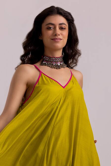 Label Shreya Sharma Green Cotton, Silk V-neck Plain Strappy Dress Online at Aza Fashions Label Shreya Sharma_Green Cotton, Silk V-neck Plain Strappy Dress _Online_at_Aza_Fashions