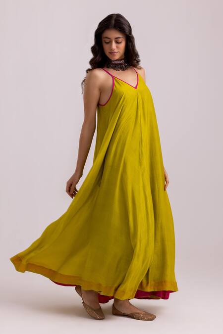 Buy Label Shreya Sharma Green Cotton, Silk V-neck Plain Strappy Dress Online at Aza Fashions Buy_Label Shreya Sharma_Green Cotton, Silk V-neck Plain Strappy Dress _Online_at_Aza_Fashions