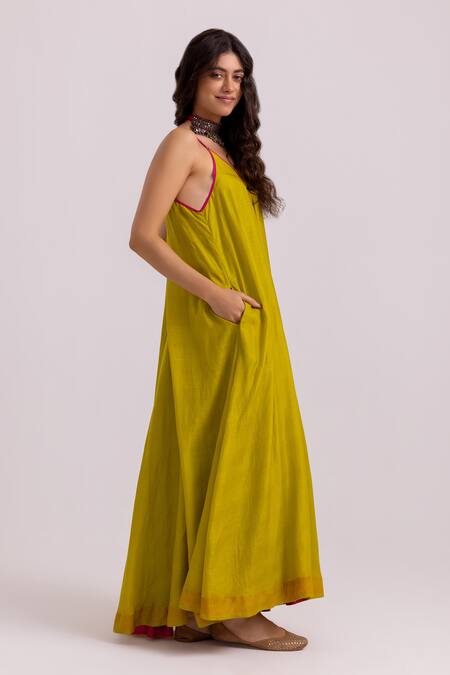 Shop Label Shreya Sharma Green Cotton, Silk V-neck Plain Strappy Dress Online at Aza Fashions Shop_Label Shreya Sharma_Green Cotton, Silk V-neck Plain Strappy Dress _Online_at_Aza_Fashions