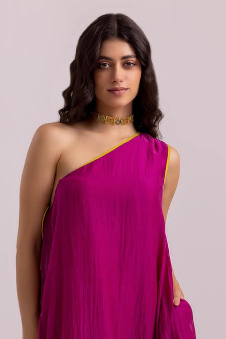Label Shreya Sharma_Magenta Cotton, Silk Tassels One Shoulder Plain Dress _Online_at_Aza_Fashions