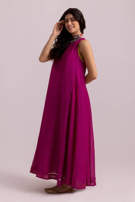 Buy_Label Shreya Sharma_Magenta Cotton, Silk Tassels One Shoulder Plain Dress _Online_at_Aza_Fashions