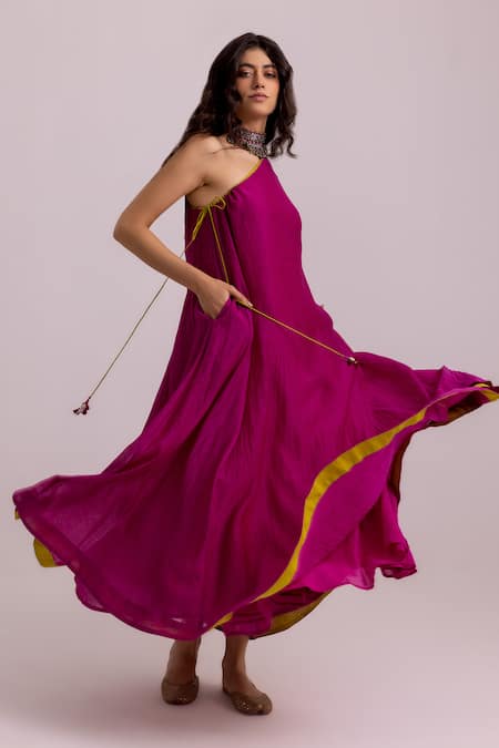 Shop_Label Shreya Sharma_Magenta Cotton, Silk Tassels One Shoulder Plain Dress _Online_at_Aza_Fashions