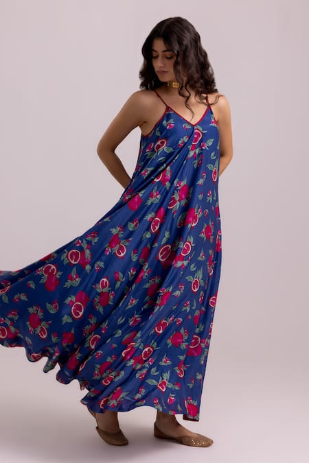 Label Shreya Sharma_Blue Cotton, Silk V-neck Anar Pattern Dress _Online_at_Aza_Fashions