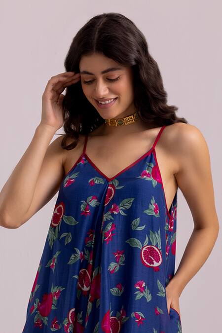 Buy_Label Shreya Sharma_Blue Cotton, Silk V-neck Anar Pattern Dress _Online_at_Aza_Fashions