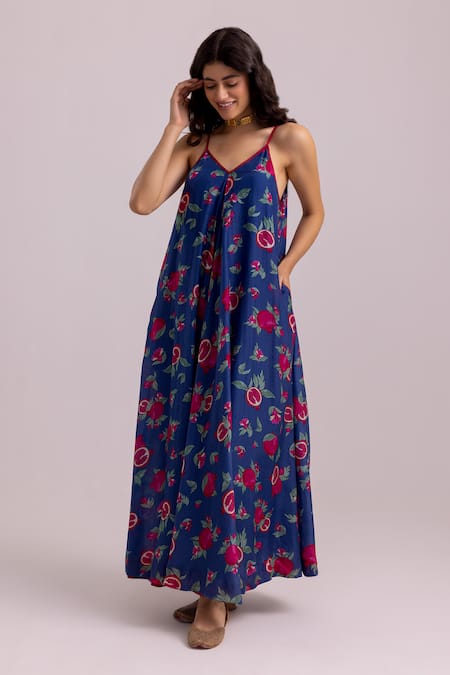 Shop_Label Shreya Sharma_Blue Cotton, Silk V-neck Anar Pattern Dress _Online_at_Aza_Fashions