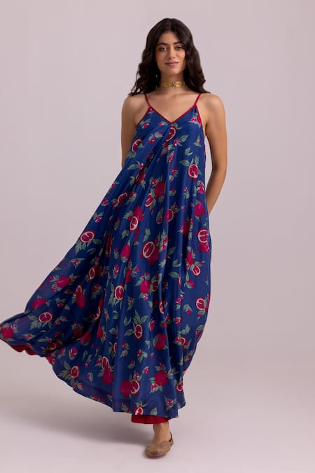 Label Shreya Sharma_Blue Cotton, Silk V-neck Anar Pattern Dress _at_Aza_Fashions