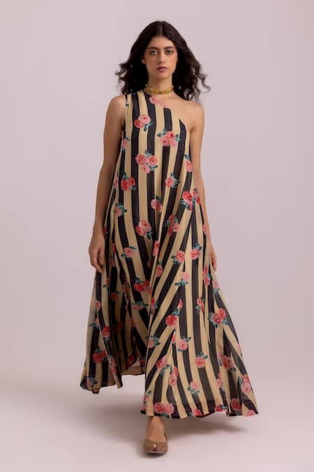Buy_Label Shreya Sharma_Black Cotton, Silk One Shoulder Stripe Patterned Dress _Online_at_Aza_Fashions