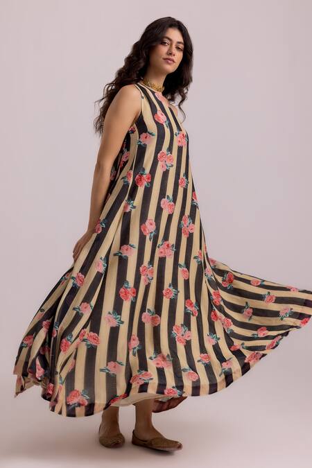 Shop_Label Shreya Sharma_Black Cotton, Silk One Shoulder Stripe Patterned Dress _Online_at_Aza_Fashions