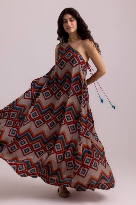 Buy Label Shreya Sharma Beige Crepe, Cotton One Shoulder Knit Patterned Dress Online at Aza Fashions Buy_Label Shreya Sharma_Beige Crepe, Cotton One Shoulder Knit Patterned Dress _Online_at_Aza_Fashions