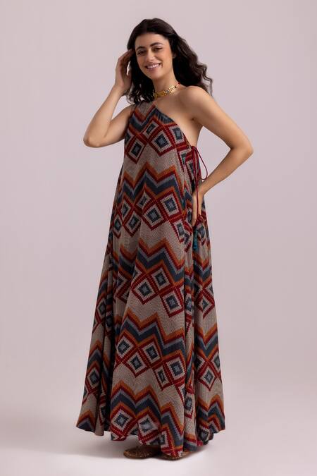 Shop Label Shreya Sharma Beige Crepe, Cotton One Shoulder Knit Patterned Dress Online at Aza Fashions Shop_Label Shreya Sharma_Beige Crepe, Cotton One Shoulder Knit Patterned Dress _Online_at_Aza_Fashions