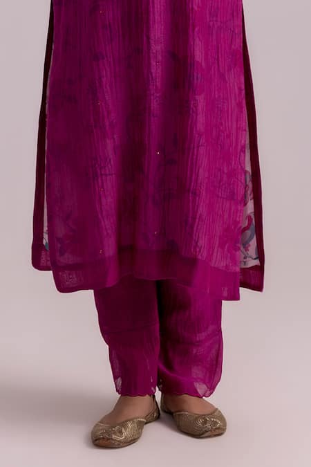 Label Shreya Sharma_Magenta Chanderi, Kota Doria, Cotton Sequins Embellished Floral Kurta Pant Set _Online_at_Aza_Fashions