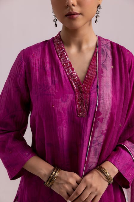 Buy_Label Shreya Sharma_Magenta Chanderi, Kota Doria, Cotton Sequins Embellished Floral Kurta Pant Set _Online_at_Aza_Fashions