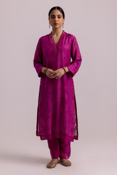 Shop_Label Shreya Sharma_Magenta Chanderi, Kota Doria, Cotton Sequins Embellished Floral Kurta Pant Set _Online_at_Aza_Fashions