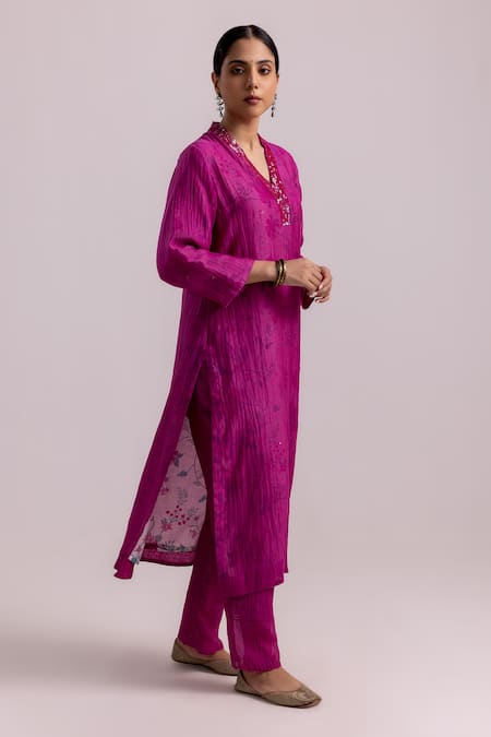 Label Shreya Sharma_Magenta Chanderi, Kota Doria, Cotton Sequins Embellished Floral Kurta Pant Set _at_Aza_Fashions