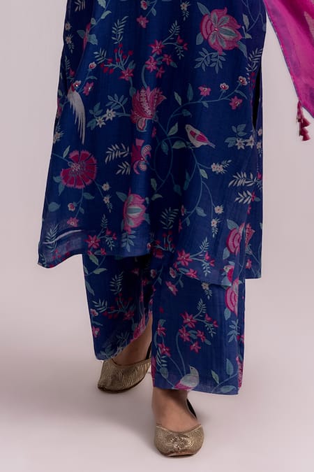 Label Shreya Sharma_Blue Chanderi, Kota Doria V-neck Vine Print Kurta Pant Set _Online_at_Aza_Fashions