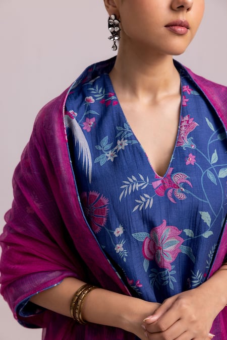 Shop_Label Shreya Sharma_Blue Chanderi, Kota Doria V-neck Vine Print Kurta Pant Set _Online_at_Aza_Fashions
