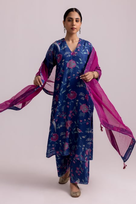 Label Shreya Sharma_Blue Chanderi, Kota Doria V-neck Vine Print Kurta Pant Set _at_Aza_Fashions