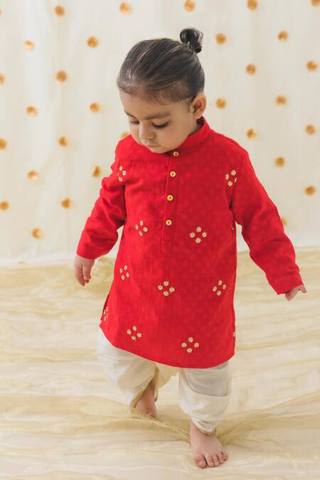 Tiber Taber Red Cotton Zari Embroidered Kurta And Dhoti Pant Set at Aza Fashions Tiber Taber_Red Cotton Zari Embroidered Kurta And Dhoti Pant Set _at_Aza_Fashions