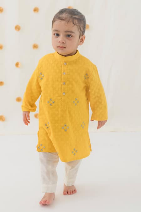 Tiber Taber Yellow 100% Cotton Embroidery Zari Straight Kurta With Pant 