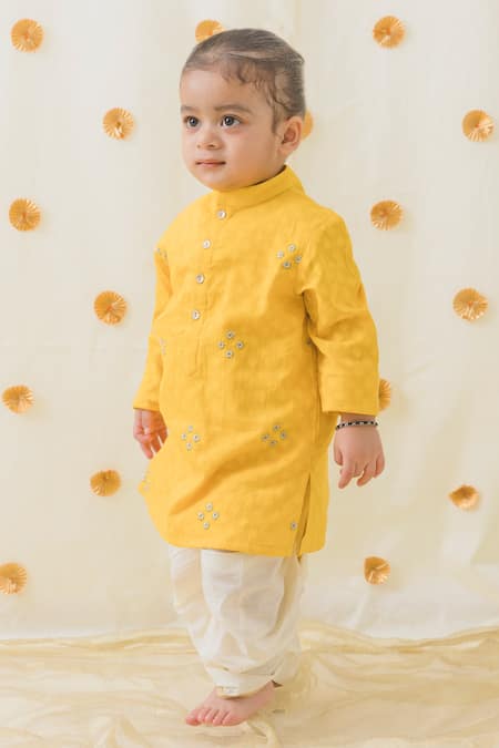 Tiber Taber Yellow 100% Cotton Embroidery Zari Woven Kurta With Dhoti Pant 