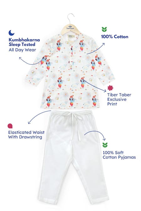 Tiber Taber White Cotton Woven Krishna Print Kurta And Pant Set Online at Aza Fashions Tiber Taber_White Cotton Woven Krishna Print Kurta And Pant Set _Online_at_Aza_Fashions