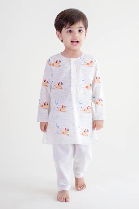 Tiber Taber White 100% Cotton Print Hanuman Woven Straight Kurta With Pant 