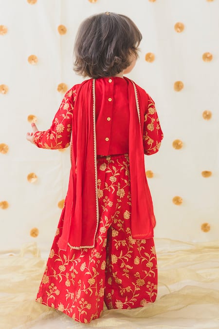 Shop Tiber Taber Red Cotton, Viscose Embroidery Devi Crop Top And Pleated Pant Set at Aza Fashions Shop_Tiber Taber_Red Cotton, Viscose Embroidery Devi Crop Top And Pleated Pant Set _at_Aza_Fashions