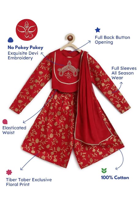 Tiber Taber Red Cotton, Viscose Embroidery Devi Crop Top And Pleated Pant Set Online at Aza Fashions Tiber Taber_Red Cotton, Viscose Embroidery Devi Crop Top And Pleated Pant Set _Online_at_Aza_Fashions