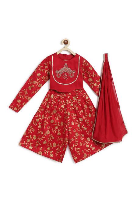 Buy Tiber Taber Red Cotton, Viscose Embroidery Devi Crop Top And Pleated Pant Set Online at Aza Fashions Buy_Tiber Taber_Red Cotton, Viscose Embroidery Devi Crop Top And Pleated Pant Set _Online_at_Aza_Fashions